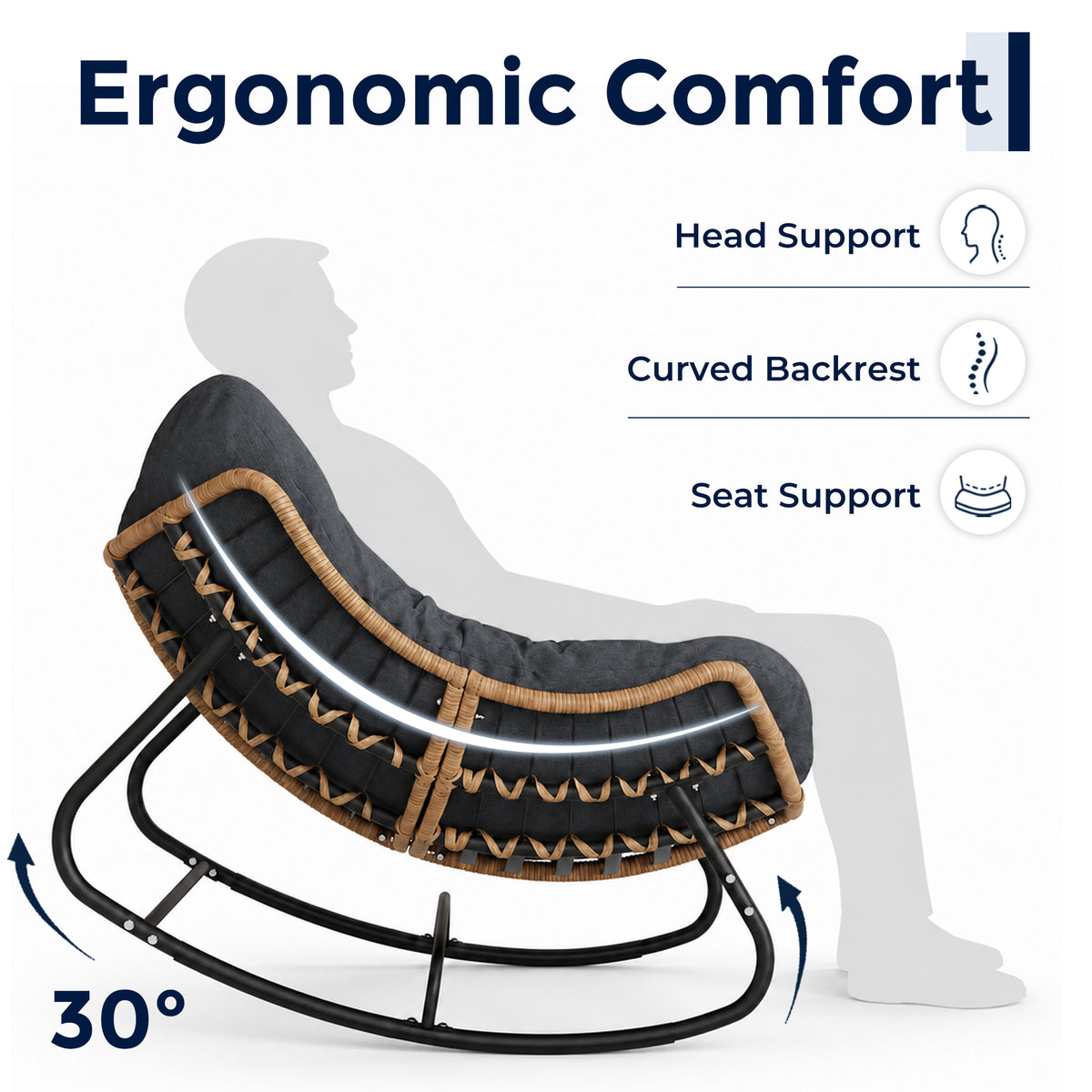 Papasan Rocking Chair, Outdoor Wicker Egg Rocker with Cushion, Grey Comfy Oversized Reading Chair, Cozy 30°-Rock Bed with 6" Cushion, Steel Frame 450LBS Capacity for Patio Porch Lawn