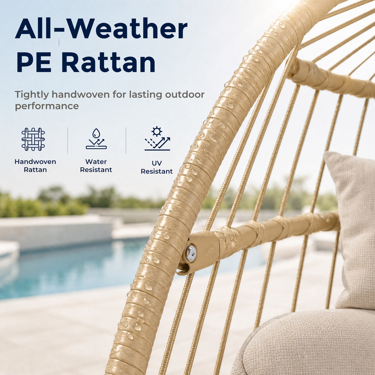 Egg Chair Outdoor with Stand, Indoor Wicker Hanging Egg Swing, Cream Patio Swinging Chair with Thick Cushion, Egg Shaped Swing for Bedroom Porch Balcony, Rattan Hammock Chairs 370 LBS Capacity