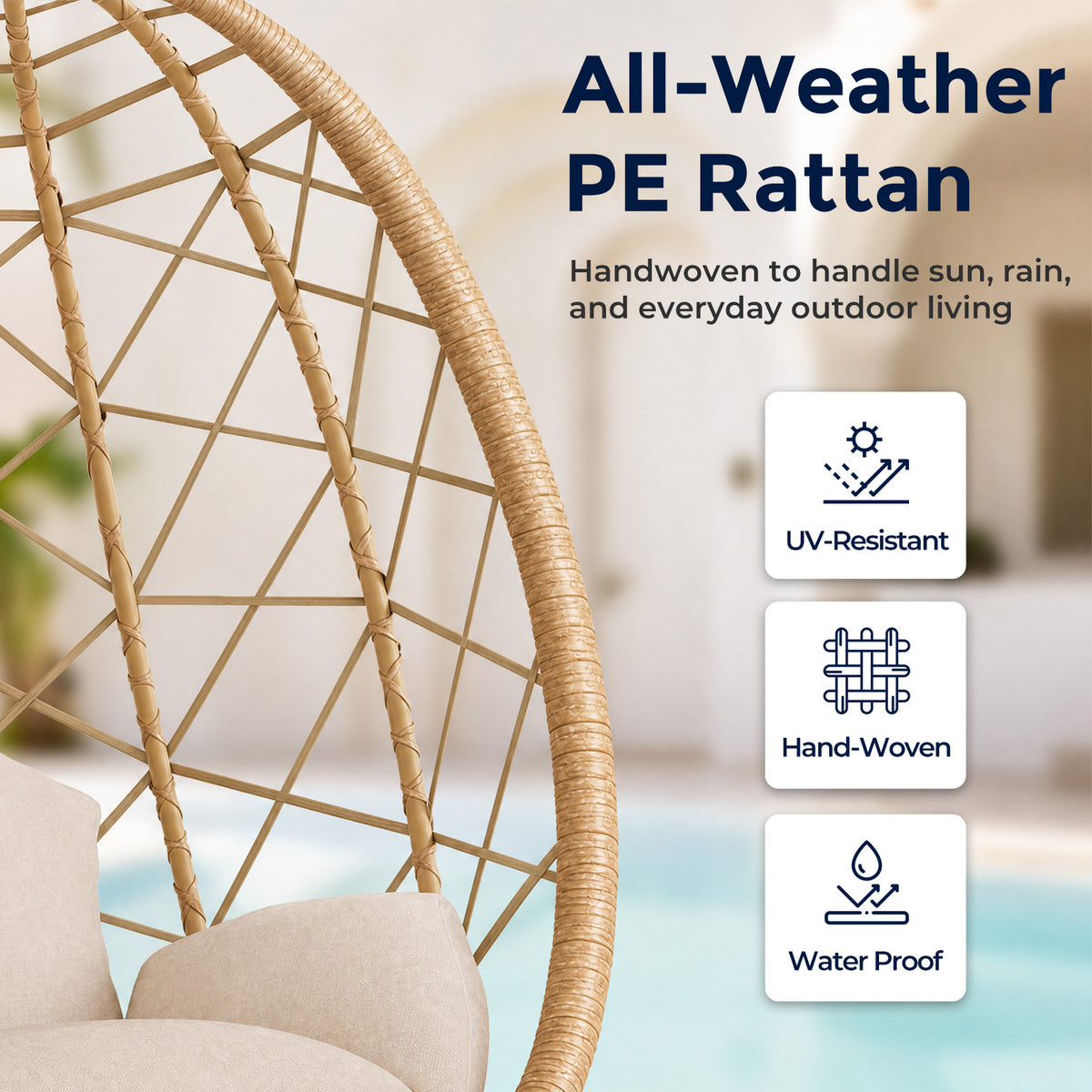 Outdoor Hanging Egg Chair with Stand, Wicker Patio Swing, Cream Indoor Comfy Swinging Chair with Cushion, 400 LBS Capacity, Heavy Duty Egg Shaped Hammock Chairs for Outside Porch, Bedroom
