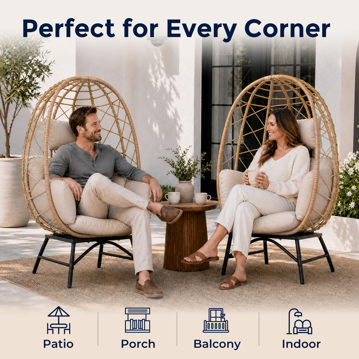 Outdoor Wicker Egg Chair with Cushion, Patio Lounge Chair, Beige Oversized Boho Rattan Sun Lounger, Comfy Reclining Lounge for Balcony, Porch, Backyard & Indoor Bedroom, 480 LBS Capacity