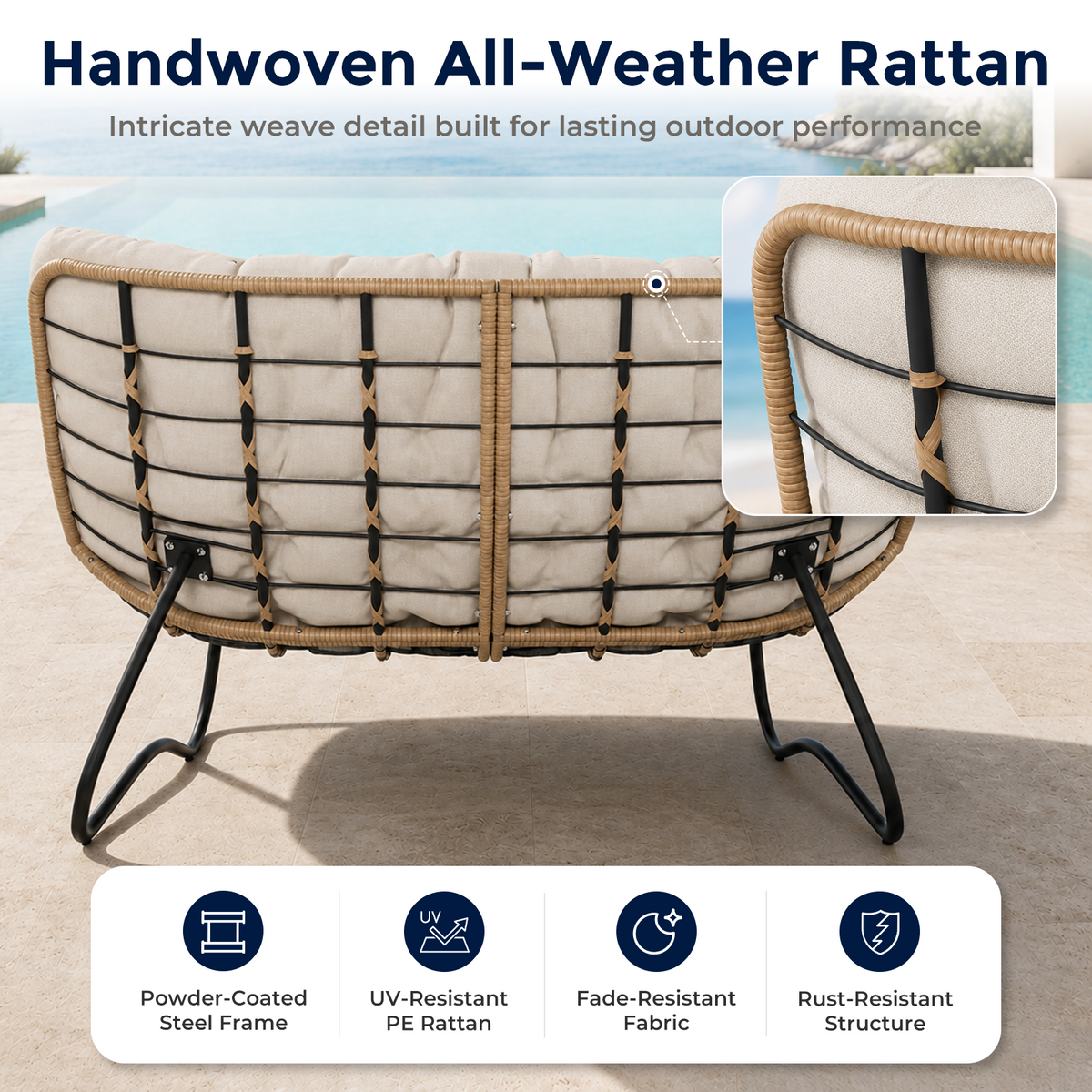 Outdoor Patio Loveseat, Double Papasan Chair with Cushion, Khaki All-Weather PE Wicker Outdoor Sofa, Boho 2 Seat Patio Couch with 700LBS Capacity for Balcony, Porch, Deck and Backyard