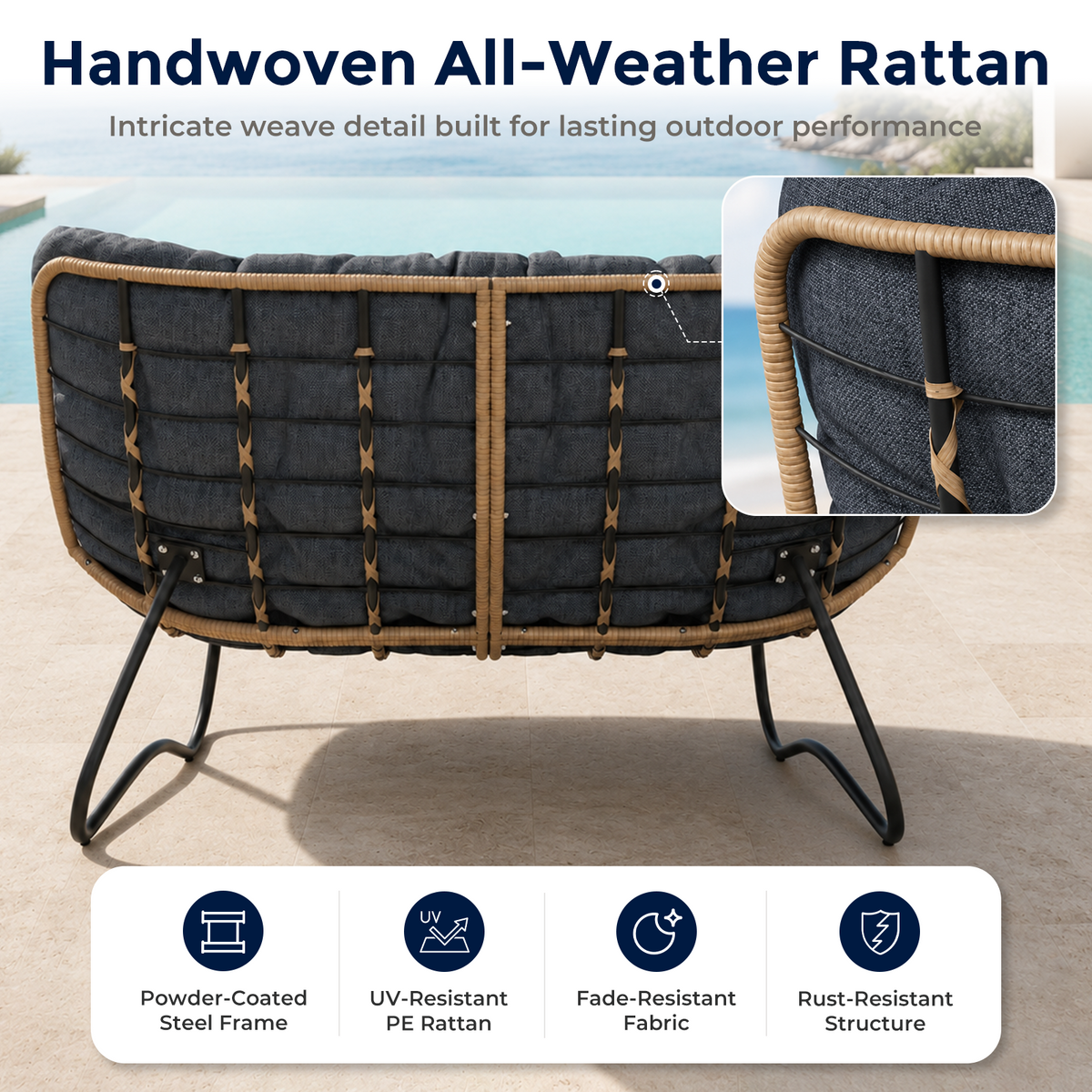 Outdoor Patio Loveseat, Double Papasan Chair with Cushion, Charcoal All-Weather PE Wicker Outdoor Sofa, Boho 2 Seat Patio Couch with 700LBS Capacity for Balcony, Porch, Deck and Backyard