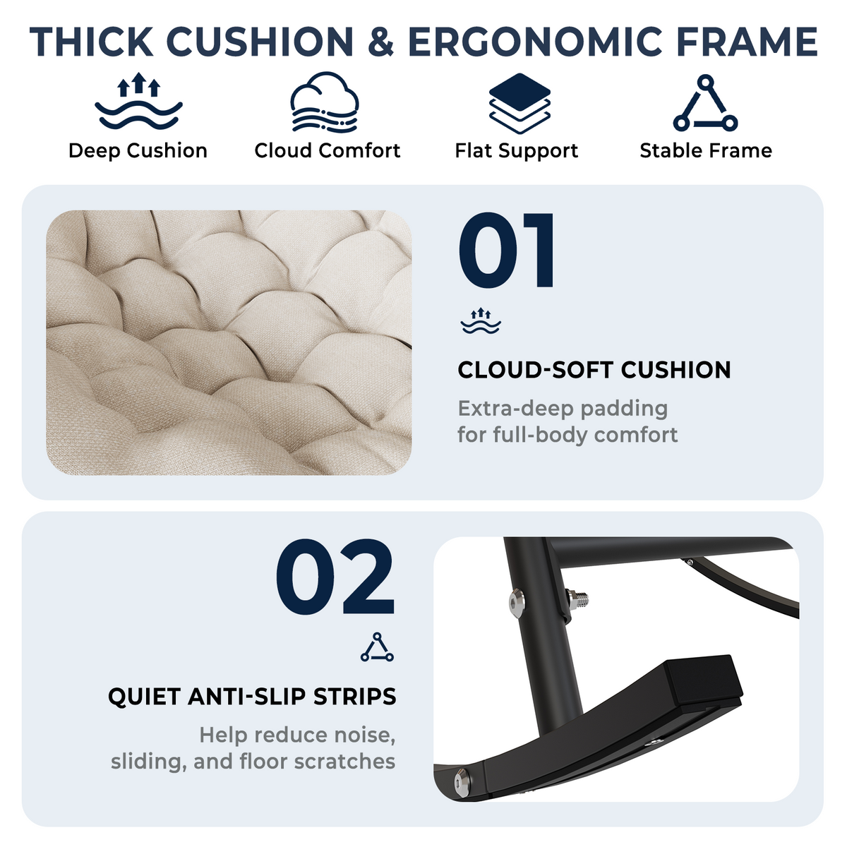 Outdoor Papasan Rocking Chair with Thick Cushion, Cream Oversized Wicker Lounge Rocker with Comfy Cushion, Zero-Pressure Square Steel Frame for Patio, Porch or Indoor Relaxation