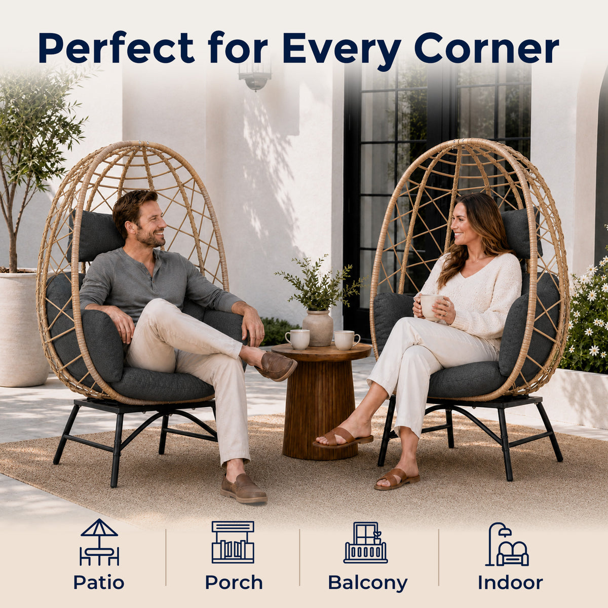 Outdoor Wicker Egg Chair with Cushion, Patio Lounge Chair, Black Oversized Boho Rattan Sun Lounger, Comfy Reclining Lounge for Balcony, Porch, Backyard & Indoor Bedroom, 480 LBS Capacity
