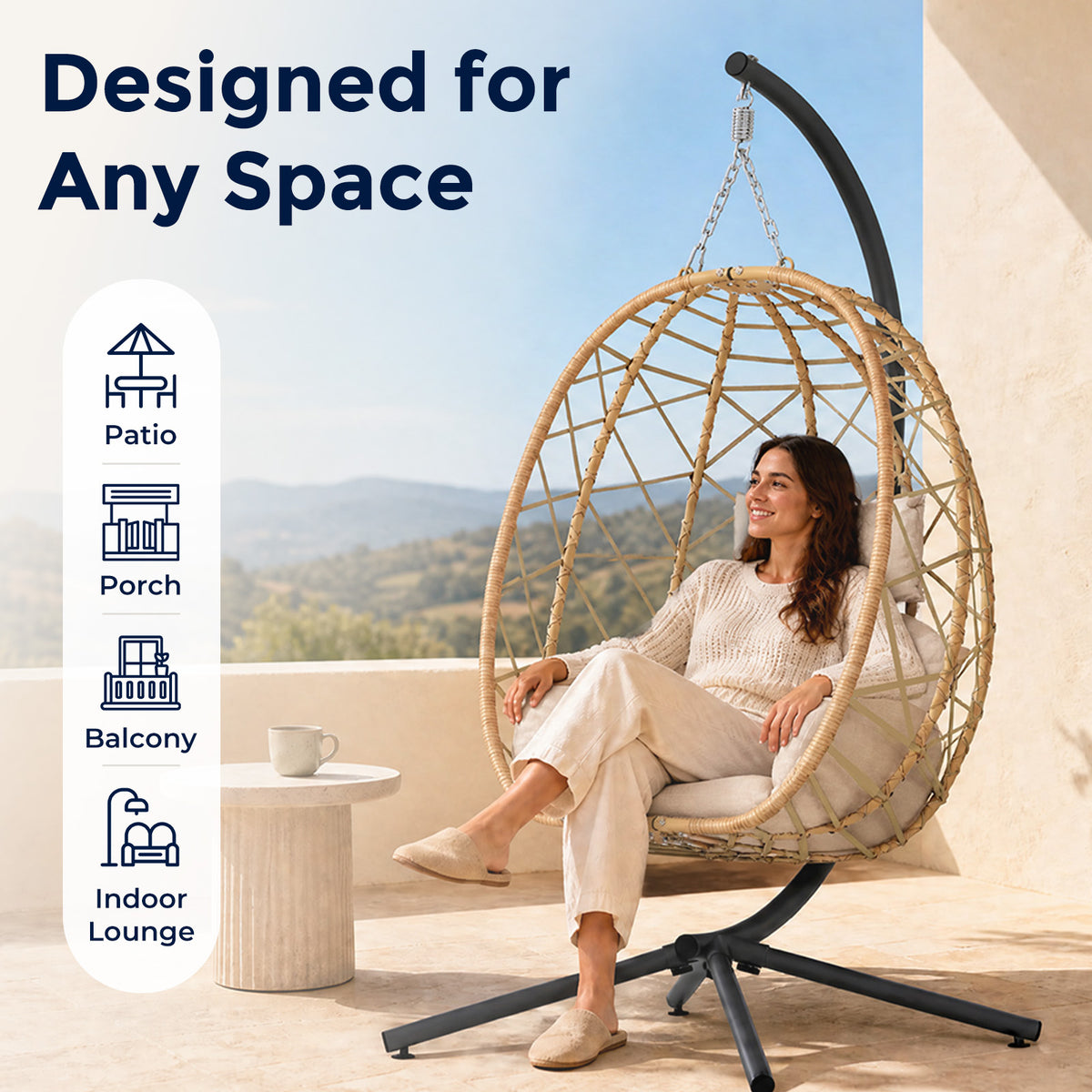 Outdoor Hanging Egg Chair with Stand, Wicker Patio Swing, Cream Indoor Comfy Swinging Chair with Cushion, 400 LBS Capacity, Heavy Duty Egg Shaped Hammock Chairs for Outside Porch, Bedroom