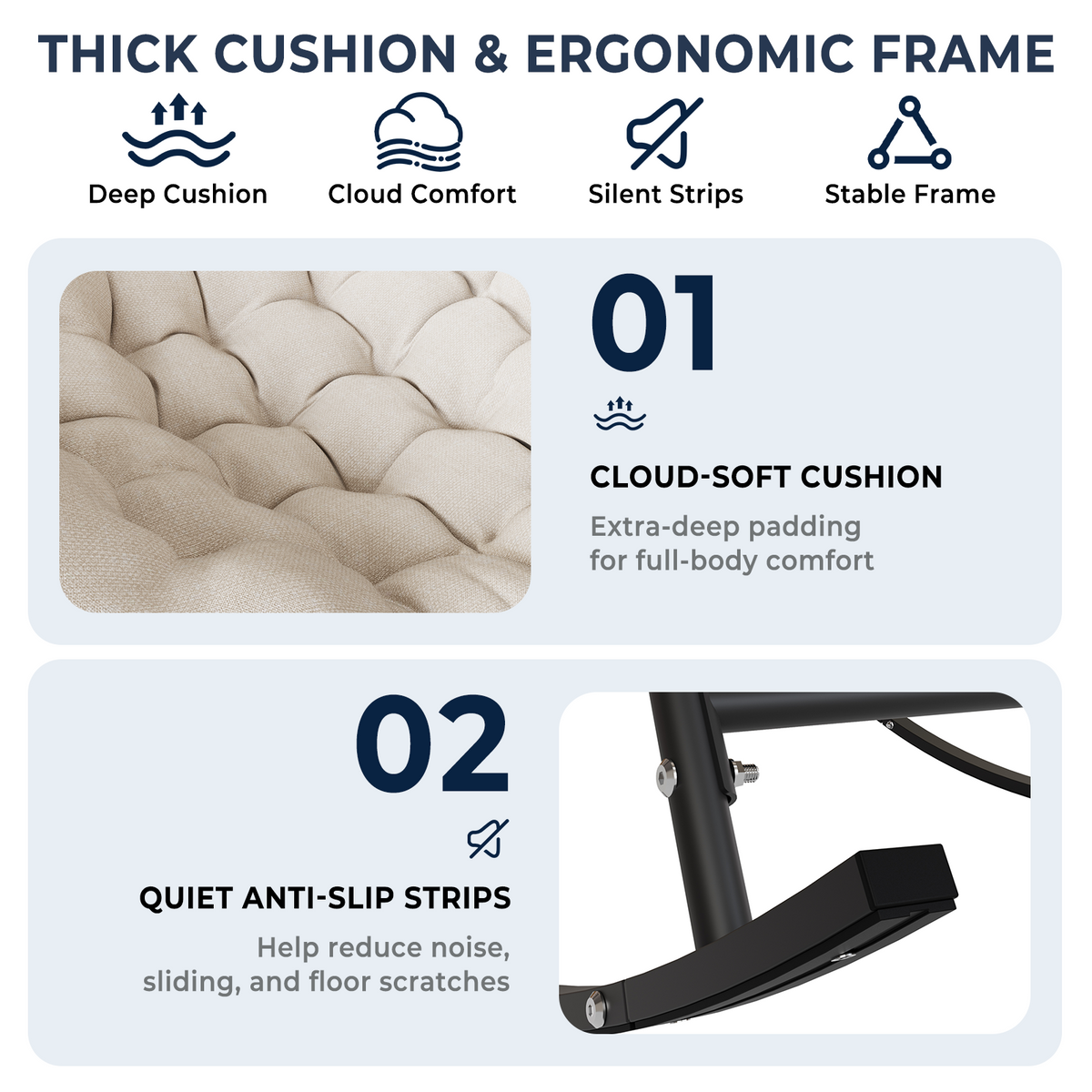 Double Outdoor Papasan Rocking Chair with Thick Cushion, Khaki Oversized 2-Person Rocking Loveseat with Plush Cushion, Outdoor Cozy Rocker Sofa for Patio, Porch or Balcony