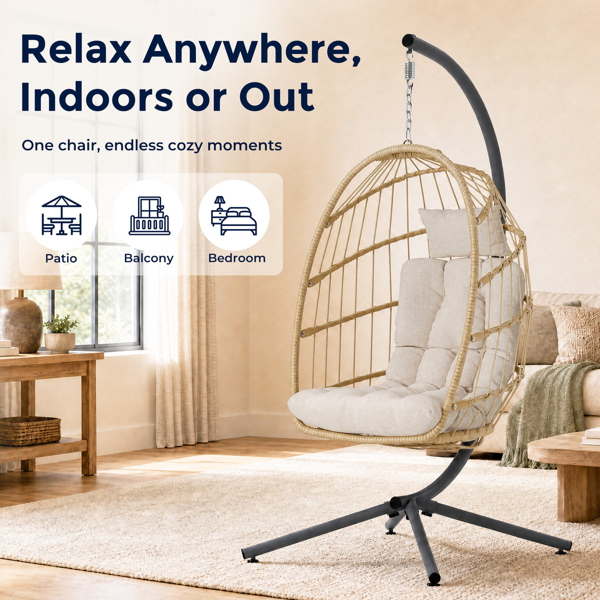 Egg Chair Outdoor with Stand, Indoor Wicker Hanging Egg Swing, Cream Patio Swinging Chair with Thick Cushion, Egg Shaped Swing for Bedroom Porch Balcony, Rattan Hammock Chairs 370 LBS Capacity