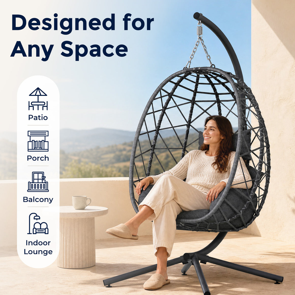Hanging Egg Chair with Stand Outdoor, Wicker Patio Swing, Grey Indoor Comfy Swinging Chair with Cushion, 400 LBS Capacity, Heavy Duty Egg Shaped Hammock Chairs for Outside Porch, Bedroom