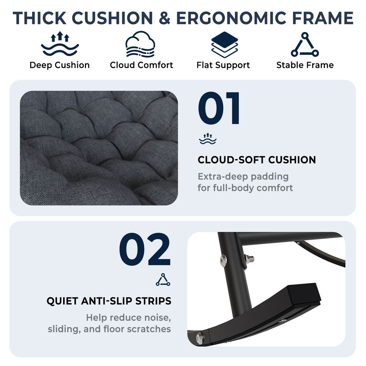 Outdoor Papasan Rocking Chair with Thick Cushion, Dark Grey Oversized Wicker Lounge Rocker with Comfy Cushion, Zero-Pressure Square Steel Frame for Patio, Porch or Indoor Relaxation