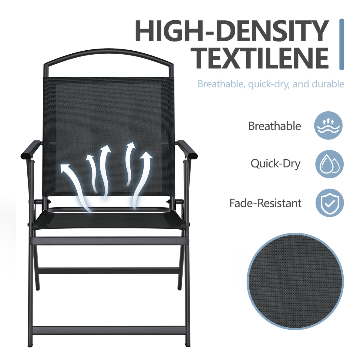 Outdoor Patio Chairs Set of 2, Folding Lawn Chairs, Black Foldable Lightweight Dining Chairs with Armrests & Back Support, Breathable Textilene & Metal Frame for Deck, Lawn, Camping