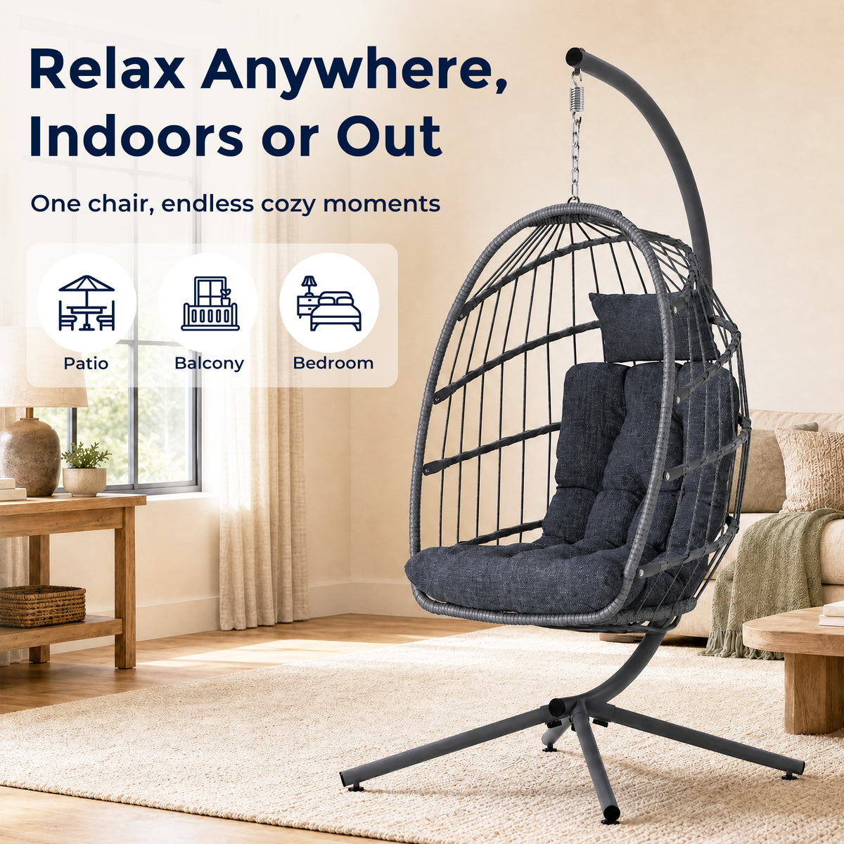 SWITTE Egg Chair Outdoor with Stand, Indoor Wicker Hanging Egg Swing, Grey Patio Swinging Chair with Thick Cushion, Egg Shaped Swing for Bedroom Porch Balcony, Rattan Hammock Chairs 370 LBS Capacity