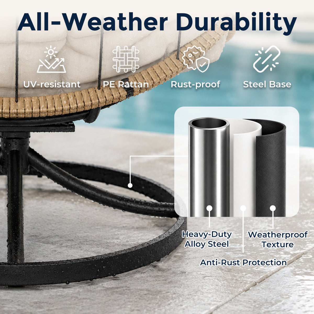 Outdoor Wicker Swivel Chair, 360° Rotating Patio Chair, Oatmeal Comfy Rattan Swivel Papasan Chair with Thick Cushion, Oversized Egg Rocking Chair Stable Steel Base for Balcony, Porch, Lawn