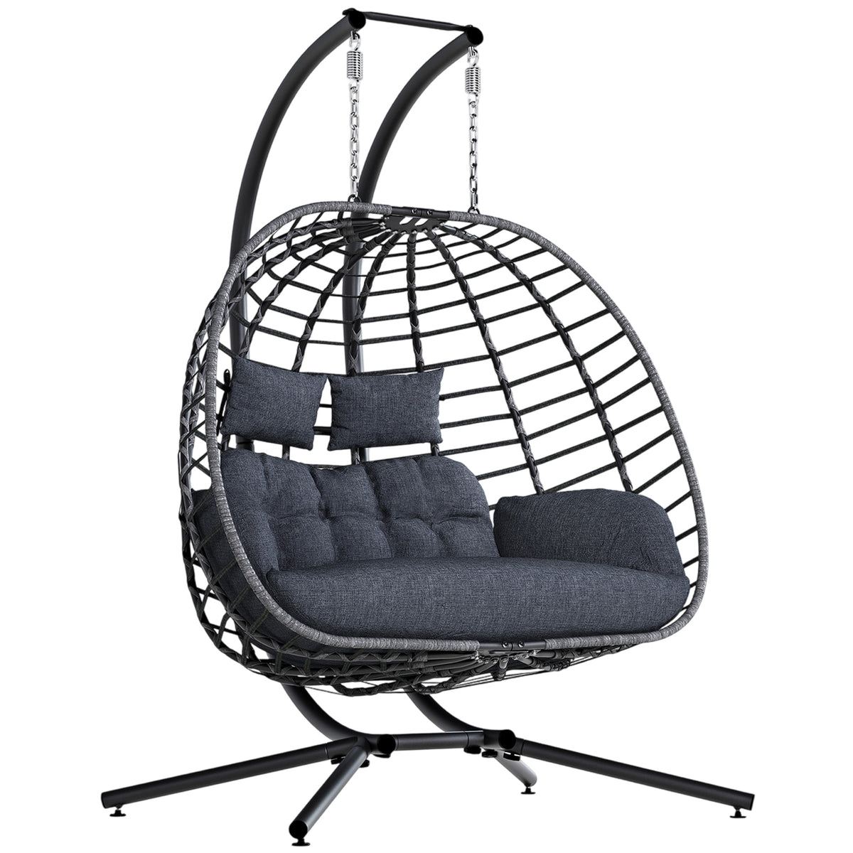Double Egg Chair Outdoor with Stand, Patio Hanging Swing, Grey Indoor 2 Person Egg Swinging with Cushion, Wicker Loveseat for Porch Balcony Backyard, Cozy Hammock Chairs 680 LBS Capaticy