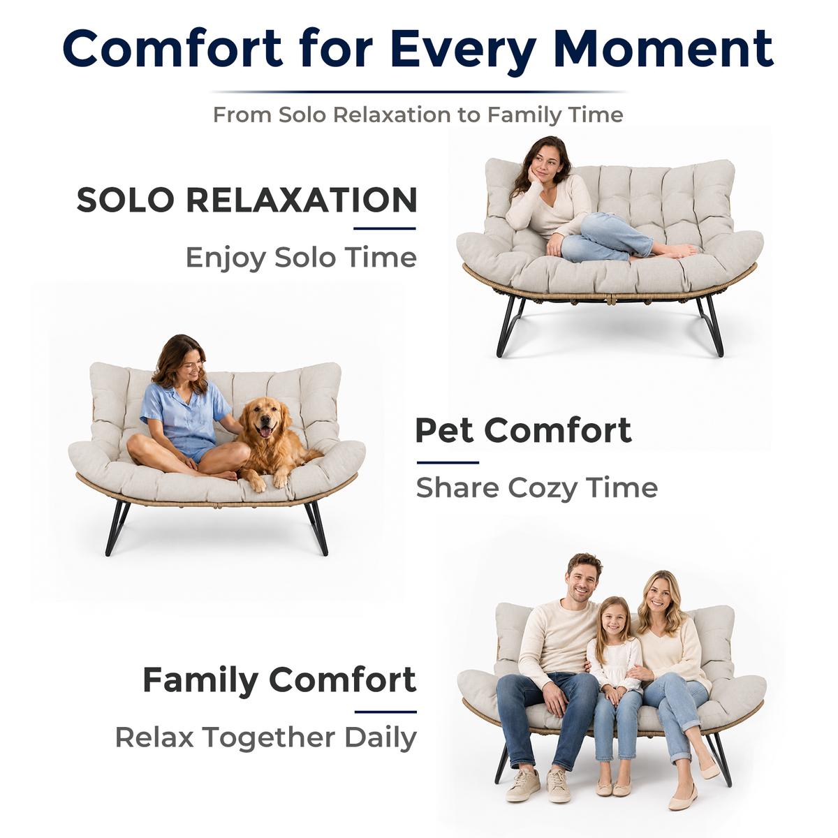 Outdoor Patio Loveseat, Double Papasan Chair with Cushion, Khaki All-Weather PE Wicker Outdoor Sofa, Boho 2 Seat Patio Couch with 700LBS Capacity for Balcony, Porch, Deck and Backyard