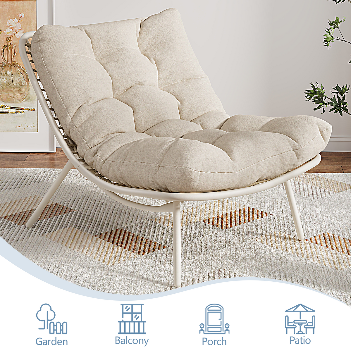 Wicker Papasan Lounge Chair, Outdoor Recliner with Cushion, Cream Indoor Oversized Egg Chair, Boho Comfy Patio Chaise Chair Low Seat Patio Chair for Porch, Balcony, Bedroom, Reading Nook