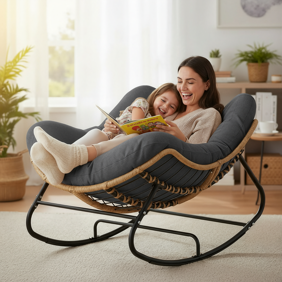 Papasan Rocking Chair, Outdoor Wicker Egg Rocker with Cushion, Grey Comfy Oversized Reading Chair, Cozy 30°-Rock Bed with 6" Cushion, Steel Frame 450LBS Capacity for Patio Porch Lawn