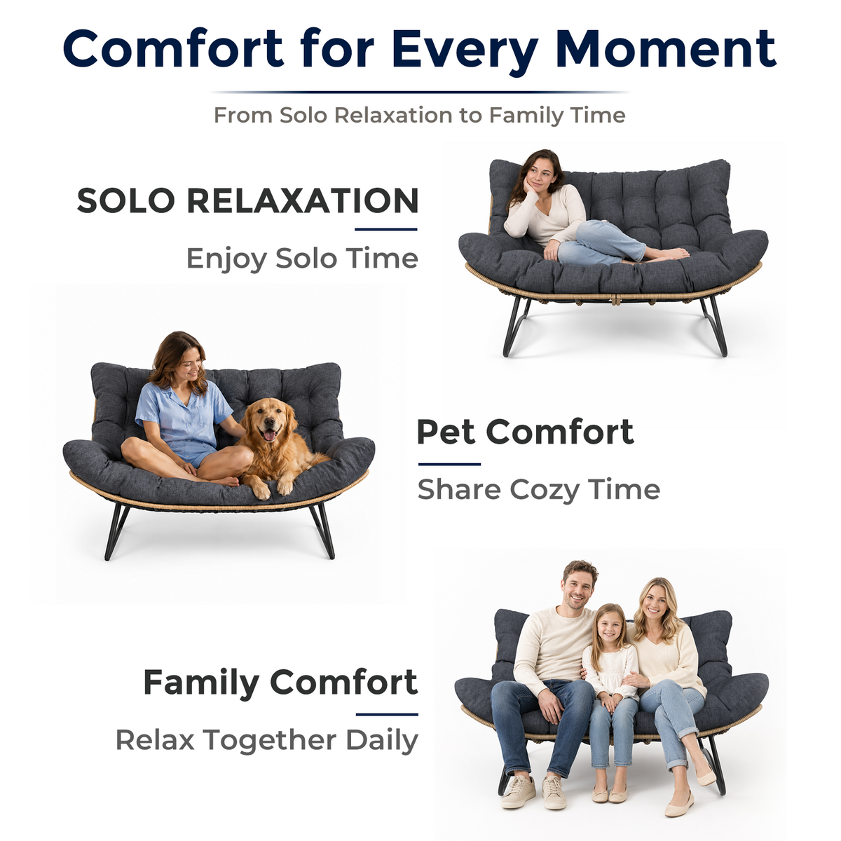 Outdoor Patio Loveseat, Double Papasan Chair with Cushion, Charcoal All-Weather PE Wicker Outdoor Sofa, Boho 2 Seat Patio Couch with 700LBS Capacity for Balcony, Porch, Deck and Backyard