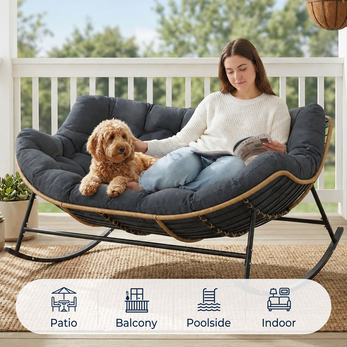Double Outdoor Papasan Rocking Chair with Thick Cushion, Dark Grey Oversized 2-Person Rocking Loveseat with Plush Cushion, Outdoor Cozy Rocker Sofa for Patio, Porch or Balcony