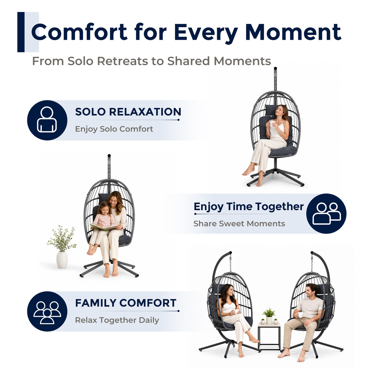 SWITTE Egg Chair Outdoor with Stand, Indoor Wicker Hanging Egg Swing, Grey Patio Swinging Chair with Thick Cushion, Egg Shaped Swing for Bedroom Porch Balcony, Rattan Hammock Chairs 370 LBS Capacity