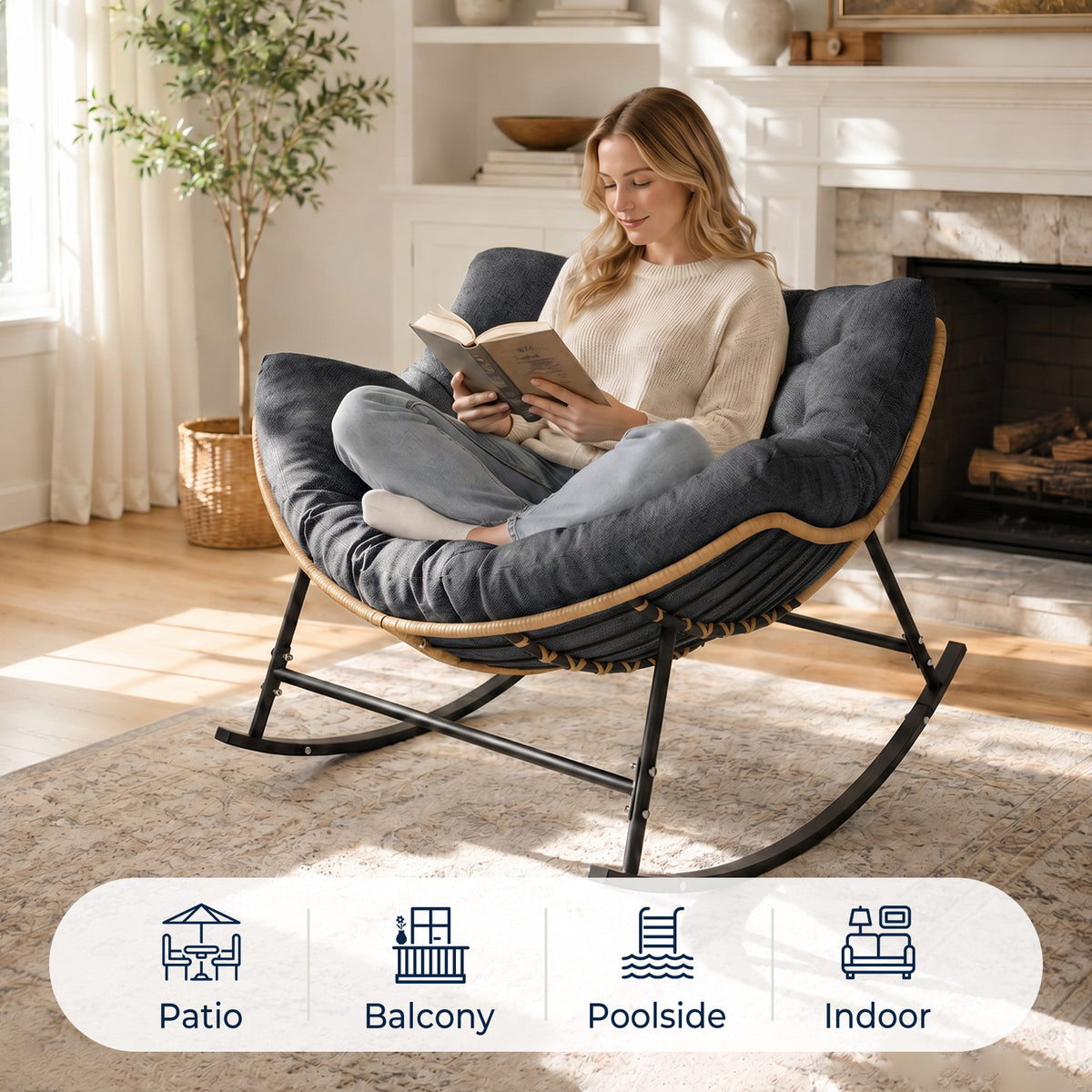 Outdoor Papasan Rocking Chair with Thick Cushion, Dark Grey Oversized Wicker Lounge Rocker with Comfy Cushion, Zero-Pressure Square Steel Frame for Patio, Porch or Indoor Relaxation