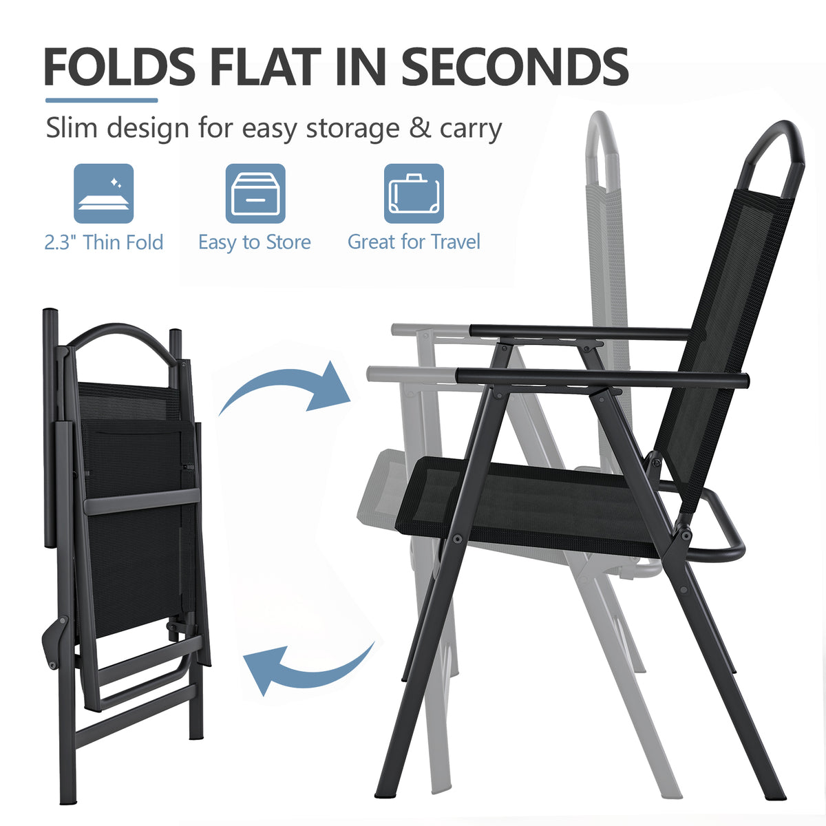 Outdoor Patio Chairs Set of 2, Folding Lawn Chairs, Black Foldable Lightweight Dining Chairs with Armrests & Back Support, Breathable Textilene & Metal Frame for Deck, Lawn, Camping