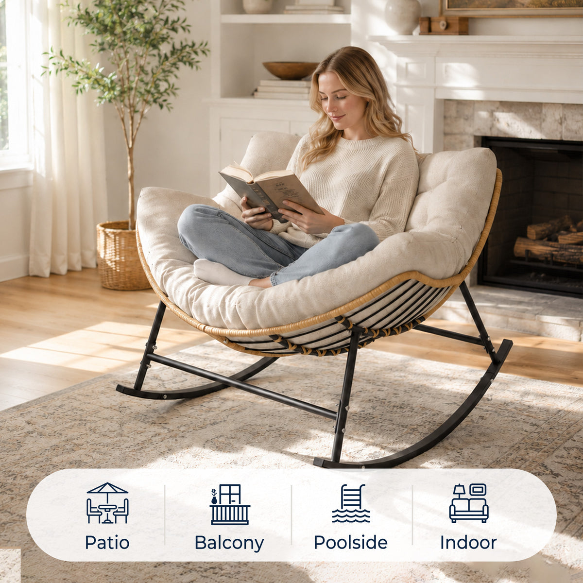 Outdoor Papasan Rocking Chair with Thick Cushion, Cream Oversized Wicker Lounge Rocker with Comfy Cushion, Zero-Pressure Square Steel Frame for Patio, Porch or Indoor Relaxation