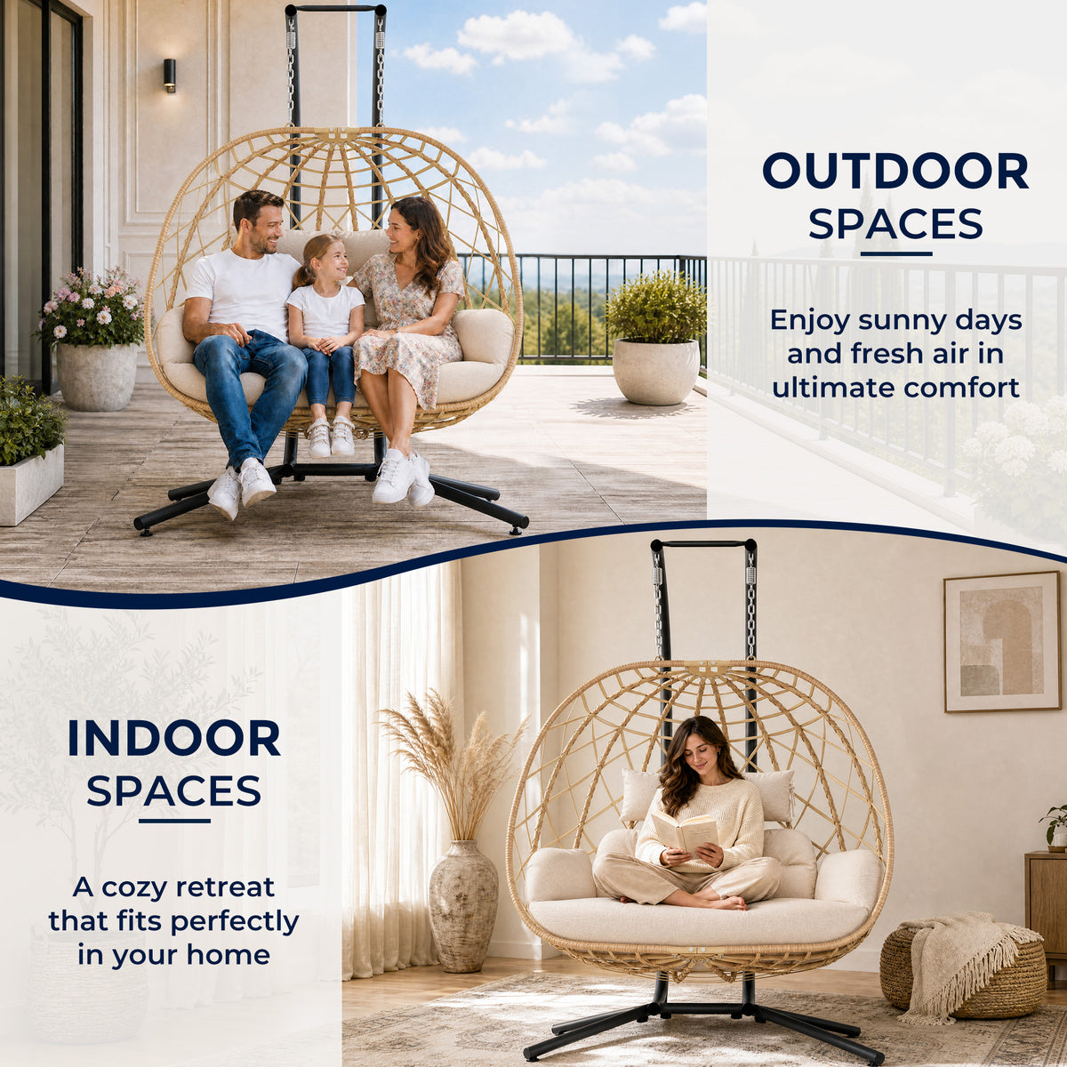 Outdoor Double Hanging Egg Swing Chair with Stand & Cushion, Beige 2 Person Wicker Swinging Egg Chair, Patio Loveseat for Porch Balcony Backyard, Indoor Hammock Chairs 650 LBS Capaticy