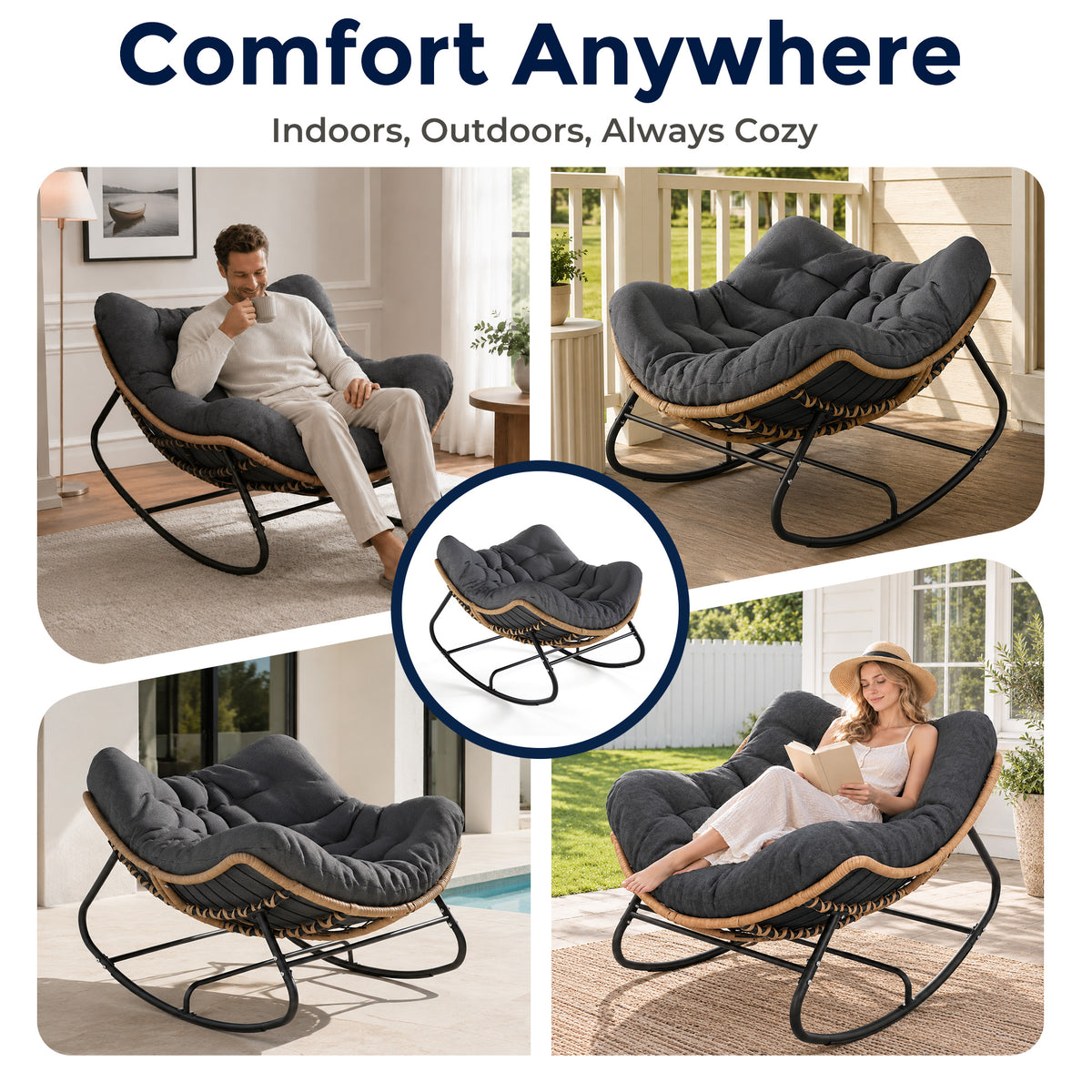 Papasan Rocking Chair, Outdoor Wicker Egg Rocker with Cushion, Grey Comfy Oversized Reading Chair, Cozy 30°-Rock Bed with 6" Cushion, Steel Frame 450LBS Capacity for Patio Porch Lawn
