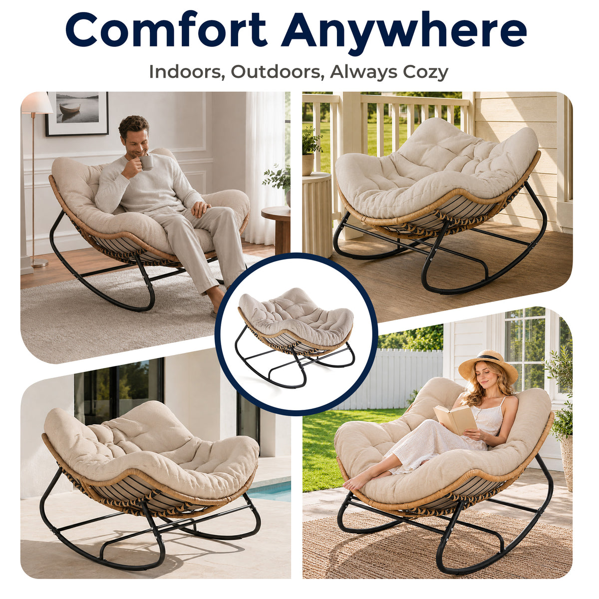 Papasan Rocking Chair, Outdoor Wicker Egg Rocker with Cushion, Ivory Oversized Modern Wicker Lounge Rocker with Comfy Cushion, Cozy Egg Chair Steel Frame for Patio, Porch,or Indoor Reading Nook