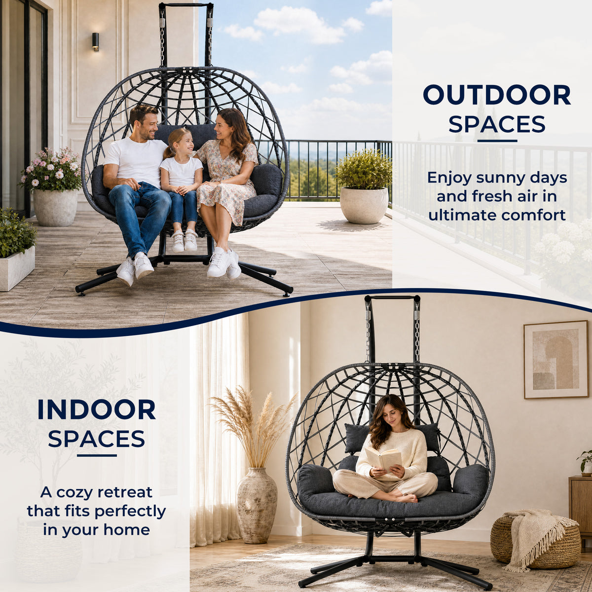 Outdoor Double Hanging Egg Swing Chair with Stand & Cushion, Grey 2 Person Wicker Swinging Egg Chair, Patio Loveseat for Porch Balcony Backyard, Indoor Hammock Chairs 650 LBS Capaticy