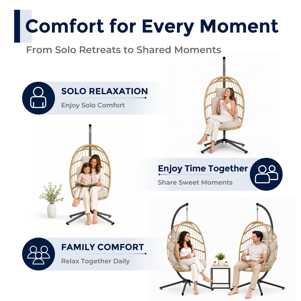 Egg Chair Outdoor with Stand, Indoor Wicker Hanging Egg Swing, Cream Patio Swinging Chair with Thick Cushion, Egg Shaped Swing for Bedroom Porch Balcony, Rattan Hammock Chairs 370 LBS Capacity