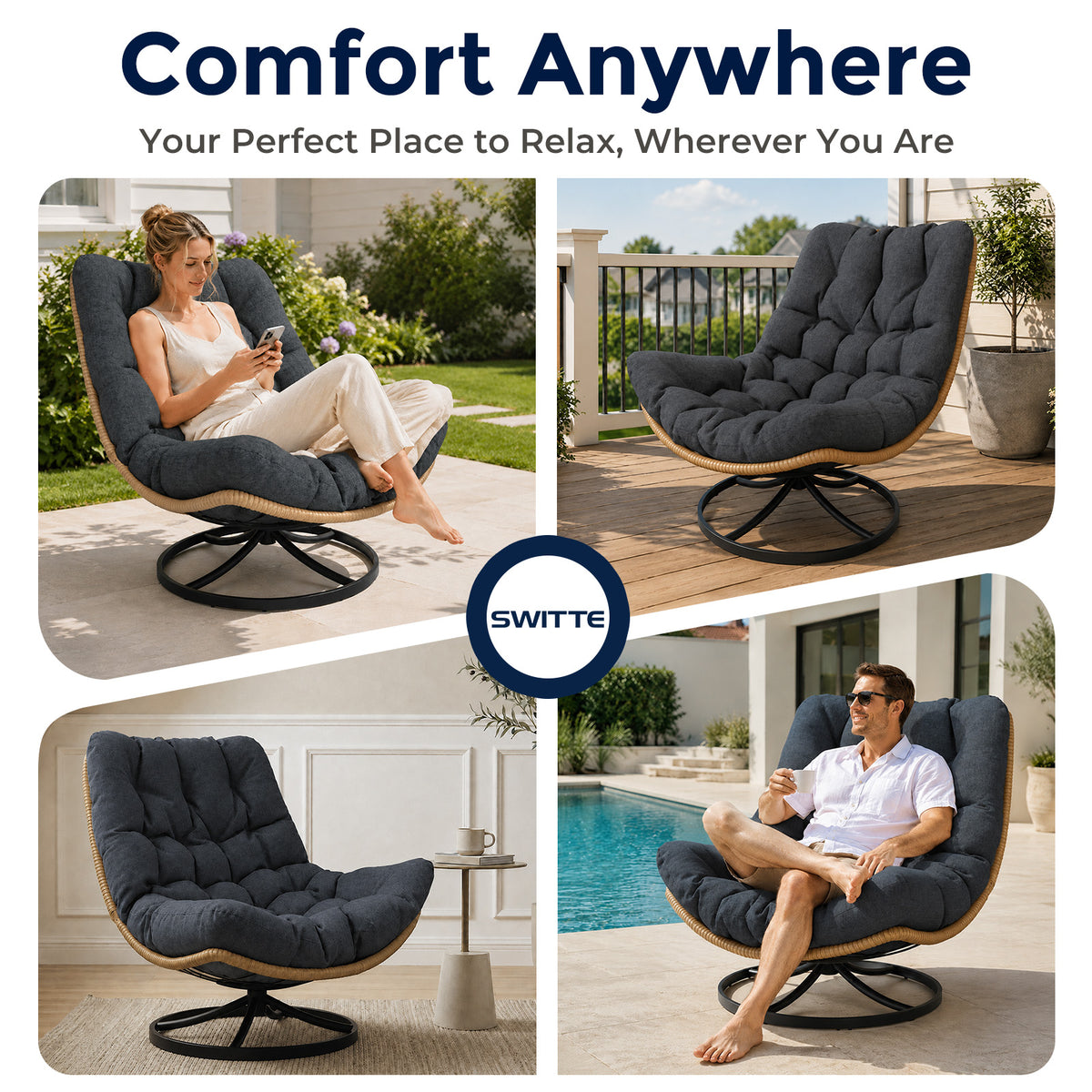 SWITTE Outdoor Wicker Swivel Chair, 360° Rotating Patio Chair, Charcoal Comfy Rattan Swivel Papasan Chair with Thick Cushion, Oversized Egg Rocking Chair Stable Steel Base for Balcony, Porch, Lawn