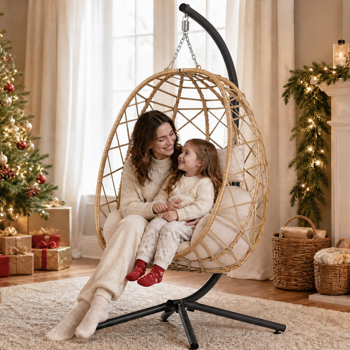Outdoor Hanging Egg Chair with Stand, Wicker Patio Swing, Cream Indoor Comfy Swinging Chair with Cushion, 400 LBS Capacity, Heavy Duty Egg Shaped Hammock Chairs for Outside Porch, Bedroom
