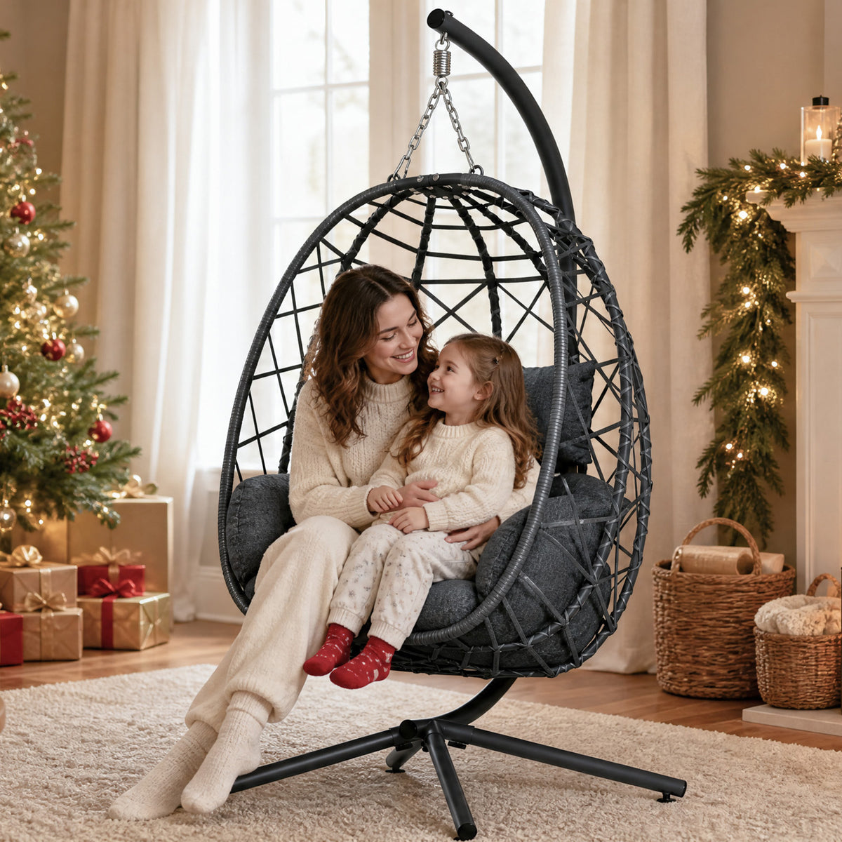 Hanging Egg Chair with Stand Outdoor, Wicker Patio Swing, Grey Indoor Comfy Swinging Chair with Cushion, 400 LBS Capacity, Heavy Duty Egg Shaped Hammock Chairs for Outside Porch, Bedroom