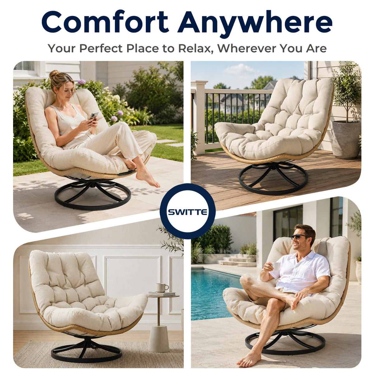 Outdoor Wicker Swivel Chair, 360° Rotating Patio Chair, Oatmeal Comfy Rattan Swivel Papasan Chair with Thick Cushion, Oversized Egg Rocking Chair Stable Steel Base for Balcony, Porch, Lawn