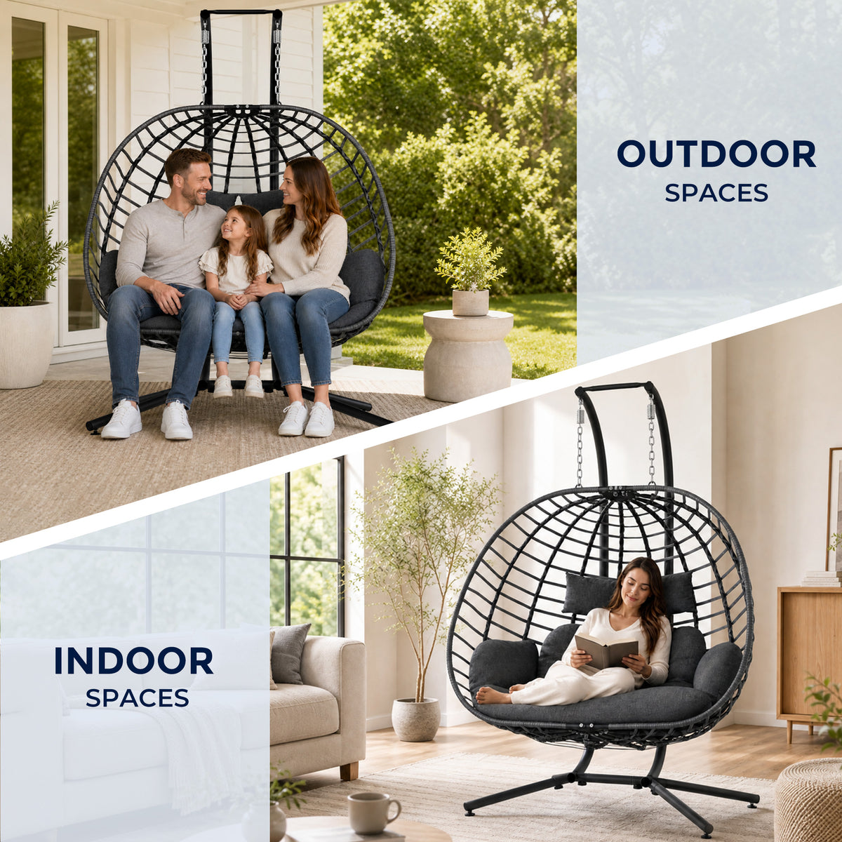 Double Egg Chair Outdoor with Stand, Patio Hanging Swing, Grey Indoor 2 Person Egg Swinging with Cushion, Wicker Loveseat for Porch Balcony Backyard, Cozy Hammock Chairs 680 LBS Capaticy