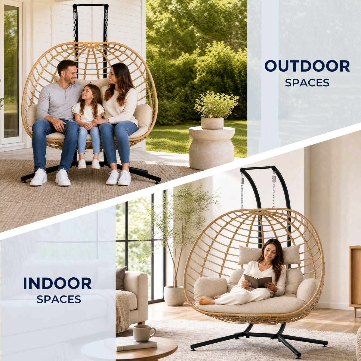 Double Egg Chair Outdoor with Stand, Patio Hanging Swing, Beige Indoor 2 Person Egg Swinging with Cushion, Wicker Loveseat for Porch Balcony Backyard, Cozy Hammock Chairs 680 LBS Capaticy