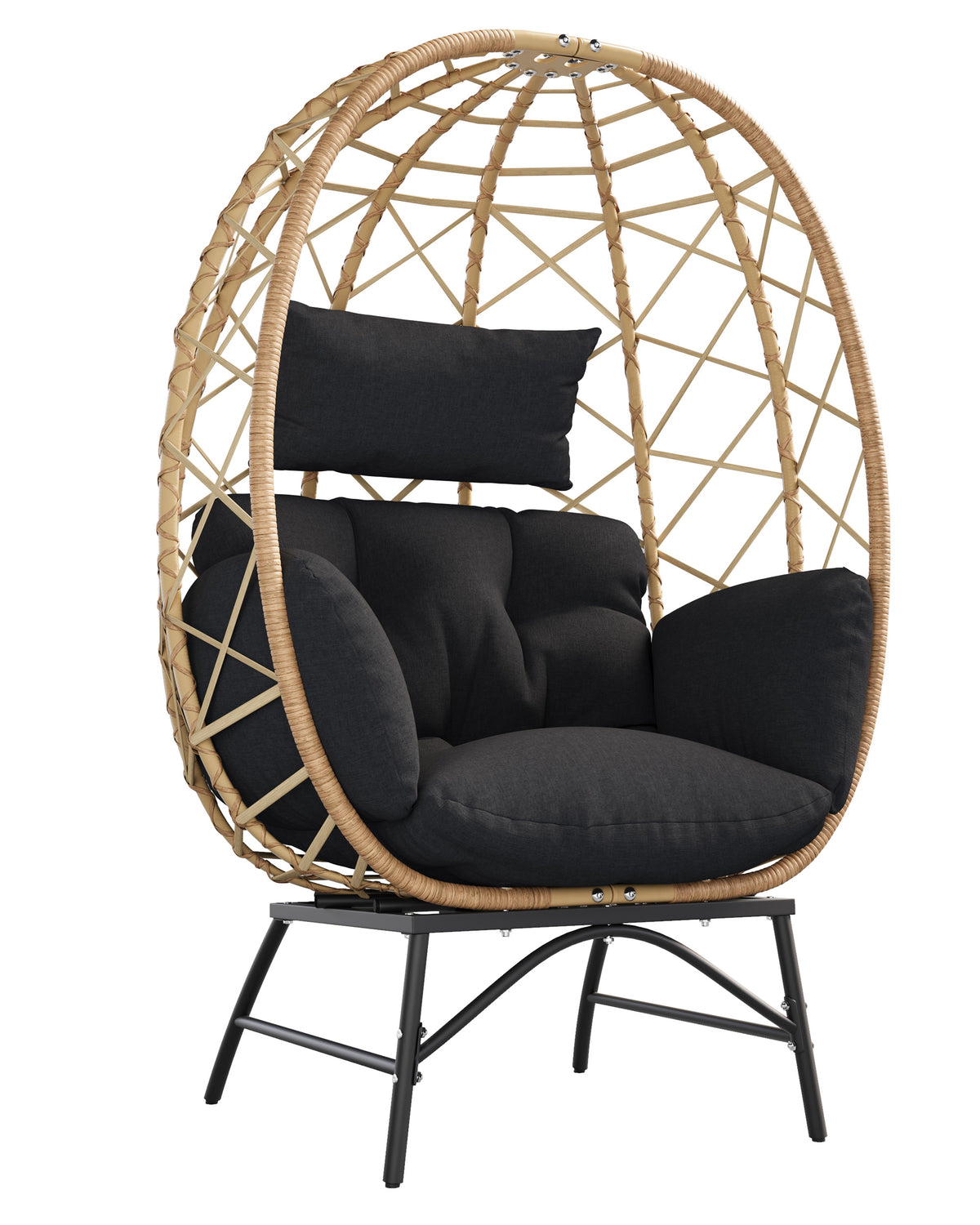 Outdoor Wicker Egg Chair with Cushion, Patio Lounge Chair, Black Oversized Boho Rattan Sun Lounger, Comfy Reclining Lounge for Balcony, Porch, Backyard & Indoor Bedroom, 480 LBS Capacity