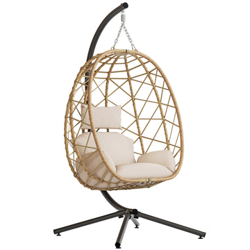 Outdoor Hanging Egg Chair with Stand, Wicker Patio Swing, Cream Indoor Comfy Swinging Chair with Cushion, 400 LBS Capacity, Heavy Duty Egg Shaped Hammock Chairs for Outside Porch, Bedroom