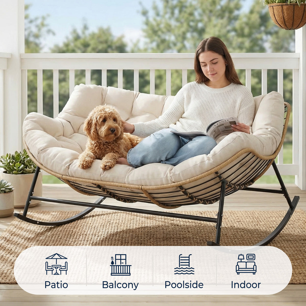 Double Outdoor Papasan Rocking Chair with Thick Cushion, Khaki Oversized 2-Person Rocking Loveseat with Plush Cushion, Outdoor Cozy Rocker Sofa for Patio, Porch or Balcony