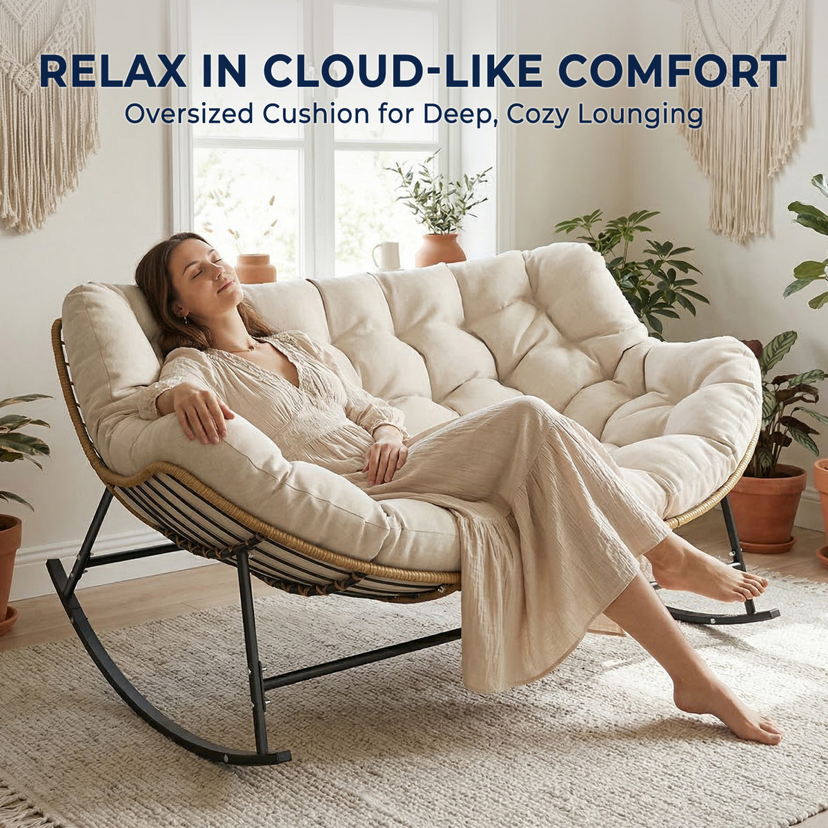 Double Outdoor Papasan Rocking Chair with Thick Cushion, Khaki Oversized 2-Person Rocking Loveseat with Plush Cushion, Outdoor Cozy Rocker Sofa for Patio, Porch or Balcony
