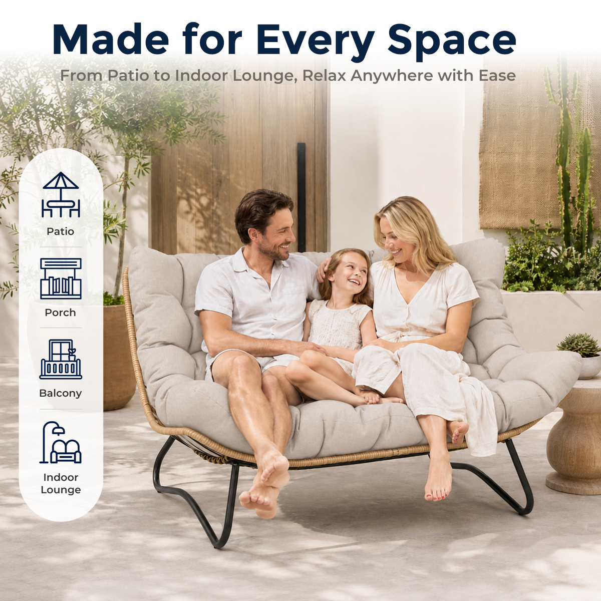 Outdoor Patio Loveseat, Double Papasan Chair with Cushion, Khaki All-Weather PE Wicker Outdoor Sofa, Boho 2 Seat Patio Couch with 700LBS Capacity for Balcony, Porch, Deck and Backyard
