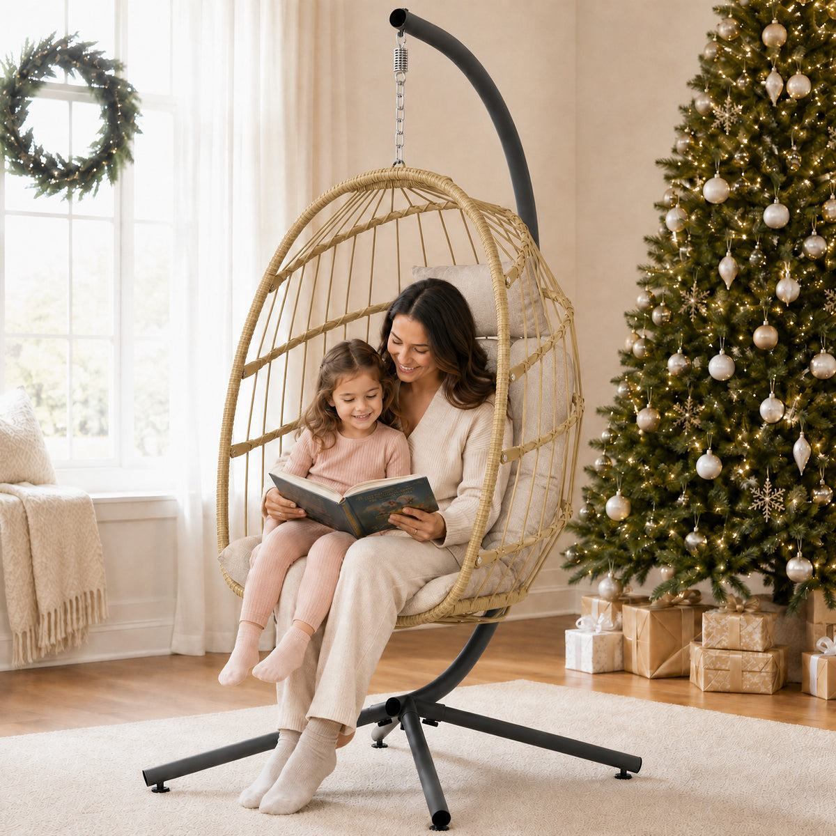 Egg Chair Outdoor with Stand, Indoor Wicker Hanging Egg Swing, Cream Patio Swinging Chair with Thick Cushion, Egg Shaped Swing for Bedroom Porch Balcony, Rattan Hammock Chairs 370 LBS Capacity