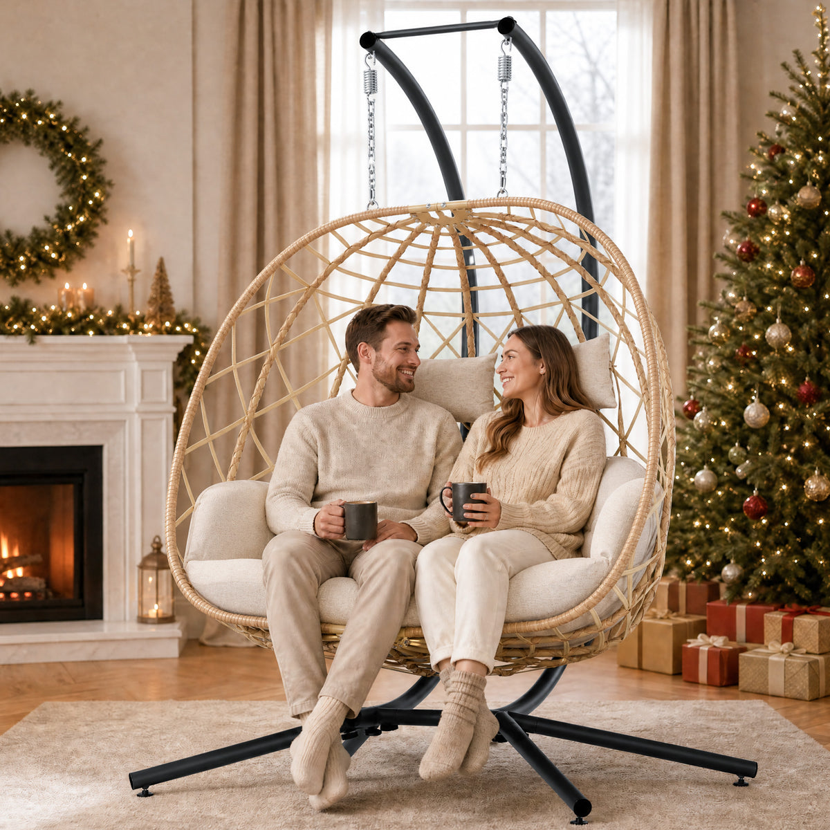 Outdoor Double Hanging Egg Swing Chair with Stand & Cushion, Beige 2 Person Wicker Swinging Egg Chair, Patio Loveseat for Porch Balcony Backyard, Indoor Hammock Chairs 650 LBS Capaticy