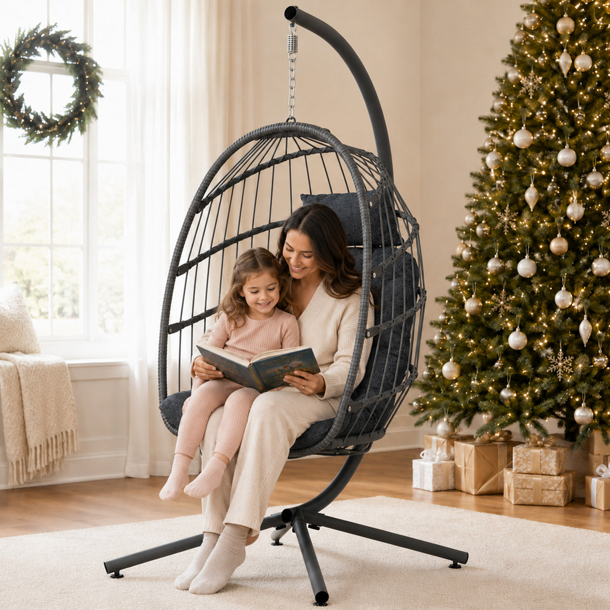 SWITTE Egg Chair Outdoor with Stand, Indoor Wicker Hanging Egg Swing, Grey Patio Swinging Chair with Thick Cushion, Egg Shaped Swing for Bedroom Porch Balcony, Rattan Hammock Chairs 370 LBS Capacity