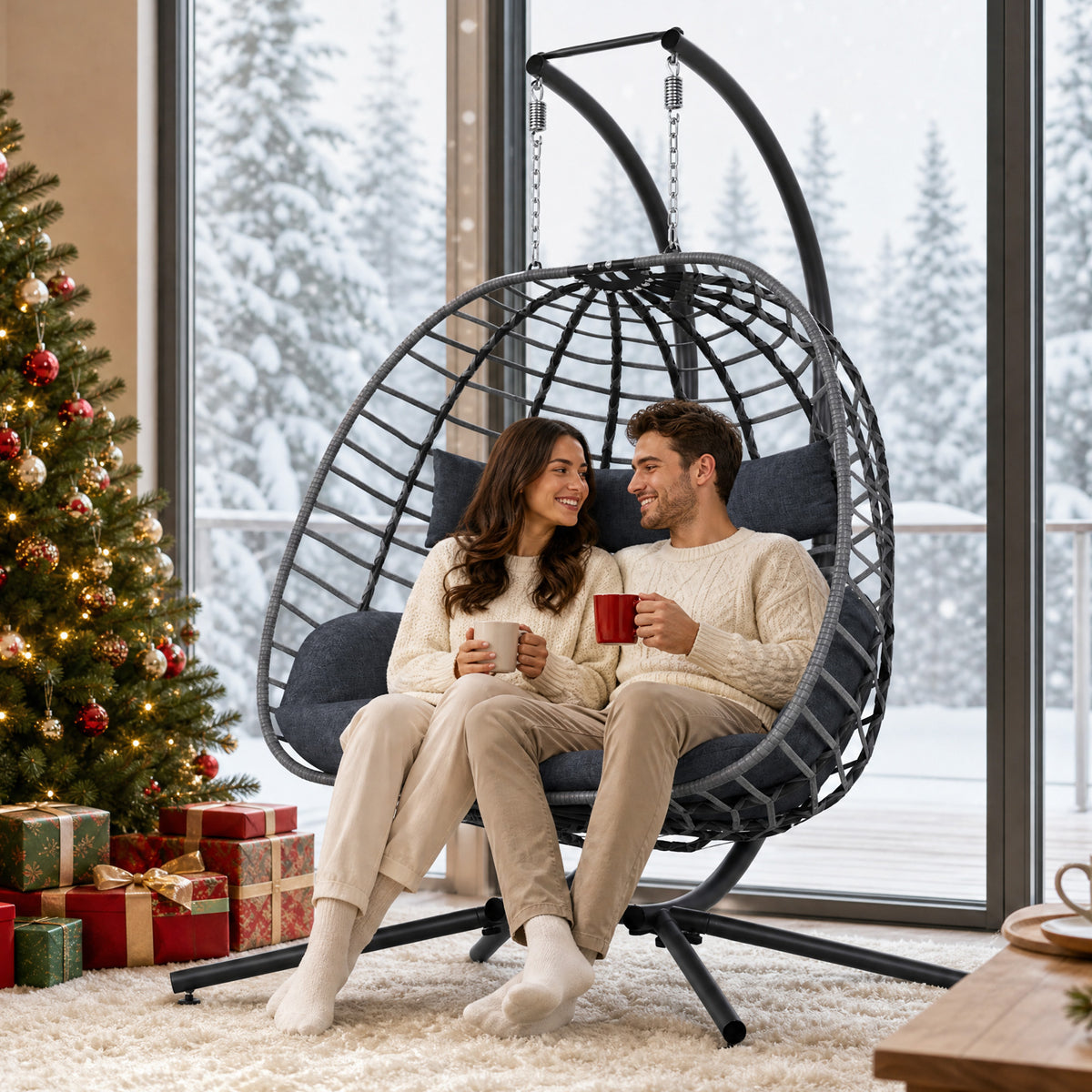 Double Egg Chair Outdoor with Stand, Patio Hanging Swing, Grey Indoor 2 Person Egg Swinging with Cushion, Wicker Loveseat for Porch Balcony Backyard, Cozy Hammock Chairs 680 LBS Capaticy