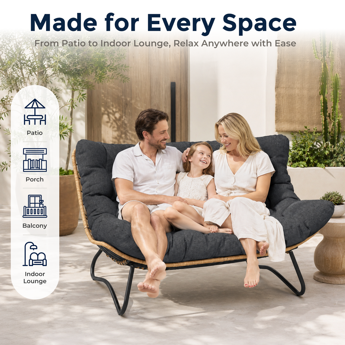 Outdoor Patio Loveseat, Double Papasan Chair with Cushion, Charcoal All-Weather PE Wicker Outdoor Sofa, Boho 2 Seat Patio Couch with 700LBS Capacity for Balcony, Porch, Deck and Backyard