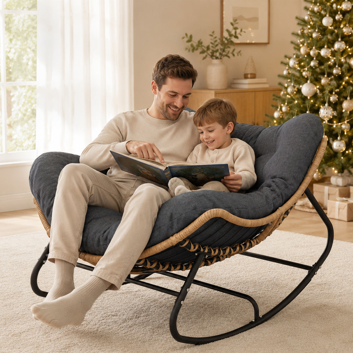 Papasan Rocking Chair, Outdoor Wicker Egg Rocker with Cushion, Grey Comfy Oversized Reading Chair, Cozy 30°-Rock Bed with 6" Cushion, Steel Frame 450LBS Capacity for Patio Porch Lawn