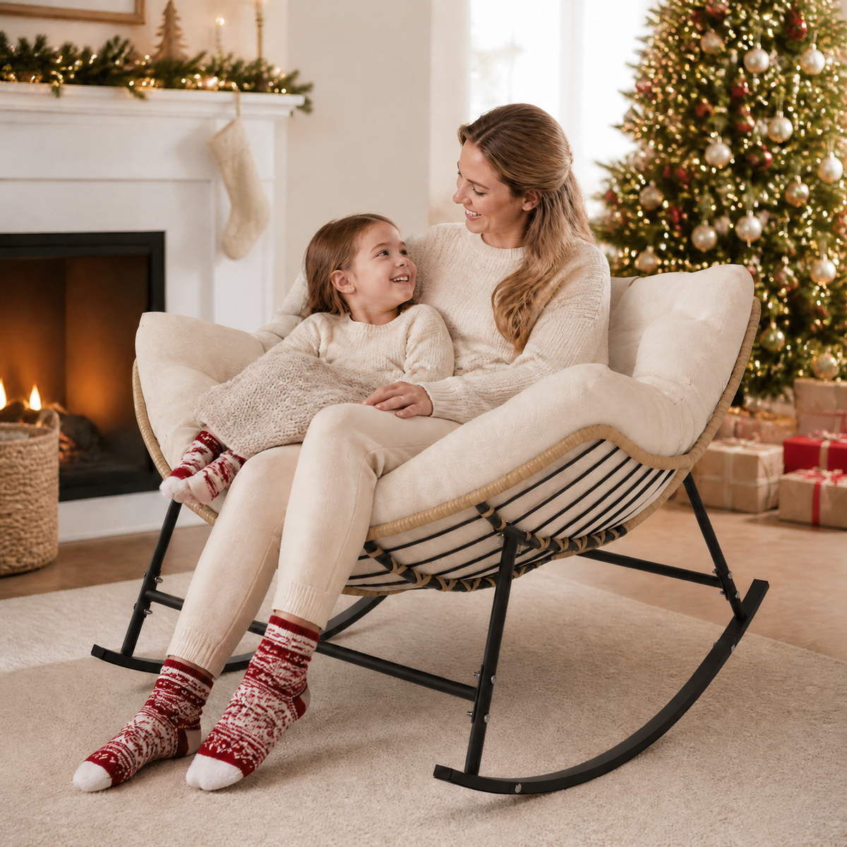 Outdoor Papasan Rocking Chair with Thick Cushion, Cream Oversized Wicker Lounge Rocker with Comfy Cushion, Zero-Pressure Square Steel Frame for Patio, Porch or Indoor Relaxation
