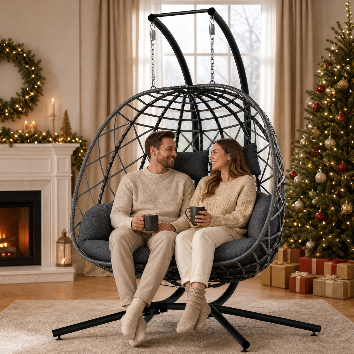 Outdoor Double Hanging Egg Swing Chair with Stand & Cushion, Grey 2 Person Wicker Swinging Egg Chair, Patio Loveseat for Porch Balcony Backyard, Indoor Hammock Chairs 650 LBS Capaticy